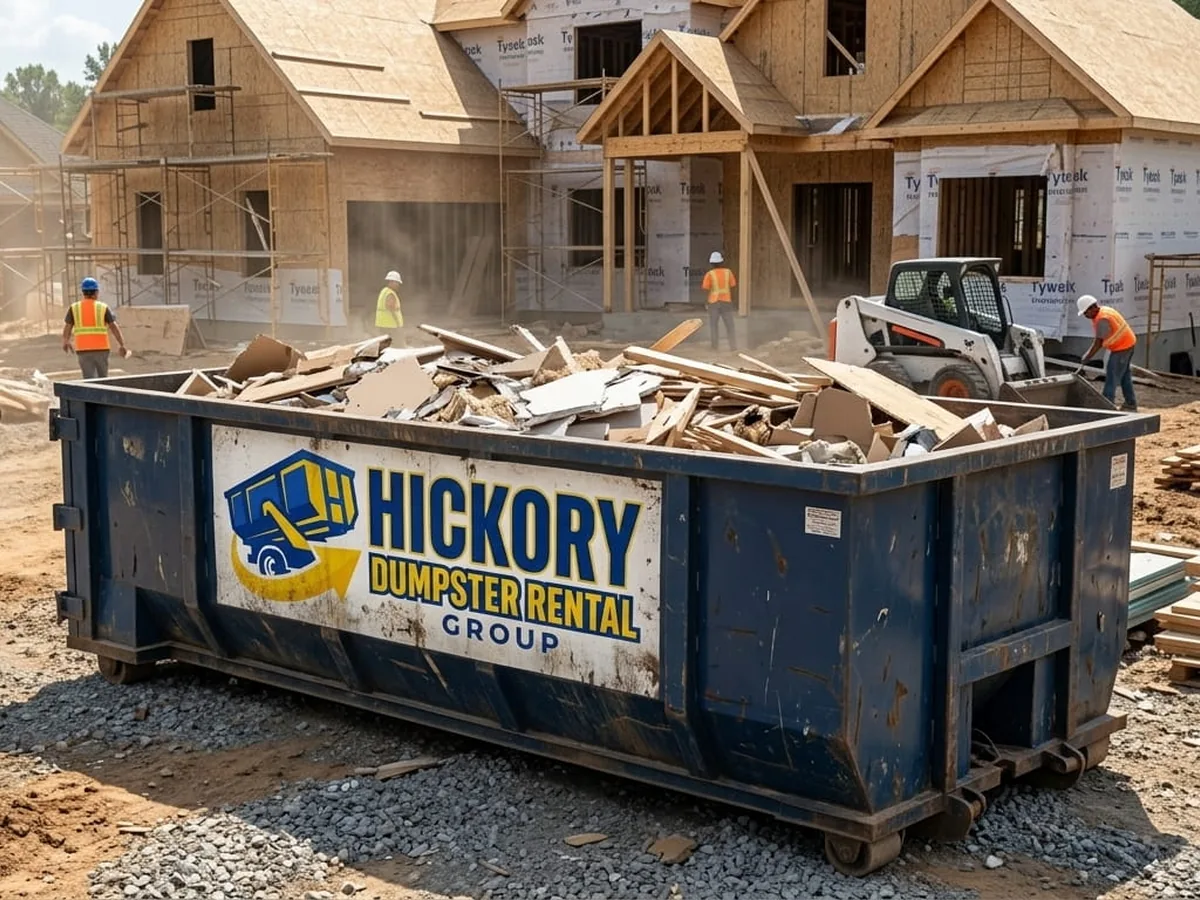 Hickory Dumpster Rental Group crew answering questions beside a roll-off container